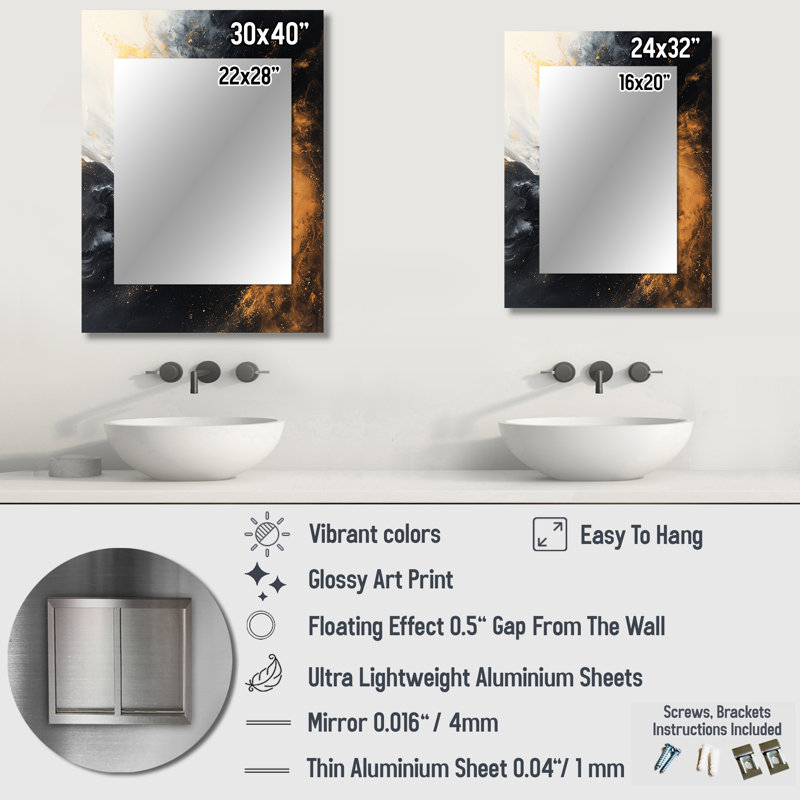 Gold And Black Auroras Edge Shapes III - Abstract Shapes Large Wall Mirror, Modern Unique Mirror, Printed Metal Art