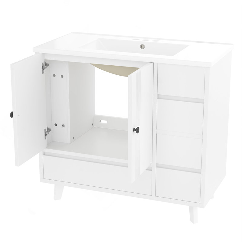 Ensemble de meuble-lavabo autoportant 36 po avec 4 tiroirs et support de rangement latéral 36 po, armoire en bois avec lavabo en céramique pour salle de bain, blanc