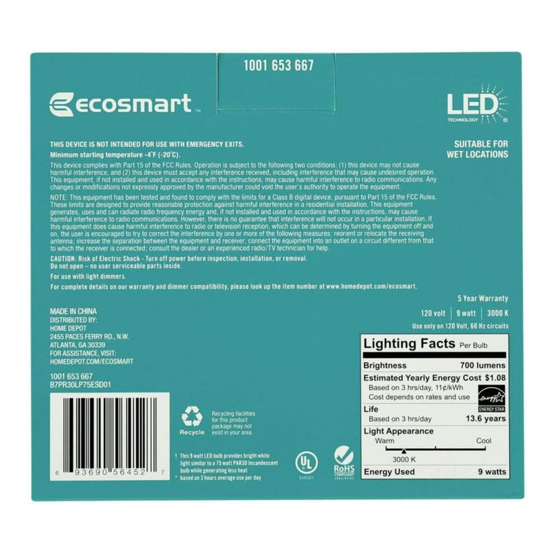 Ampoule DEL à intensité variable Par30 à intensité variable de 75 watts Ecosmart - blanc éclatant (ensemble de 8)