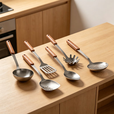 6-Piece Stainless Steel Kitchen Utensil Set with Wooden Handles - Mirror Polished Heat Resistant Cooking Tools Including Turner, Spatula, Ladle, Skimmer, Solid Spoon, and Pasta Fork