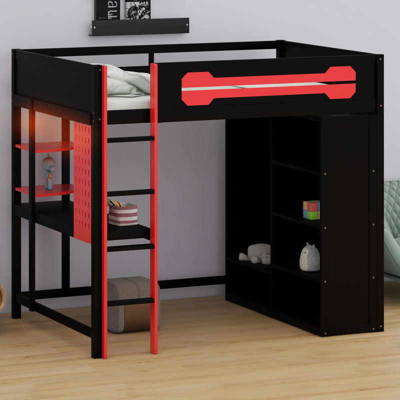 Space-Saving High Sleeper Featuring Workspace, Accessible Wardrobe Storage, and Dynamic LED Light Strips, Red
