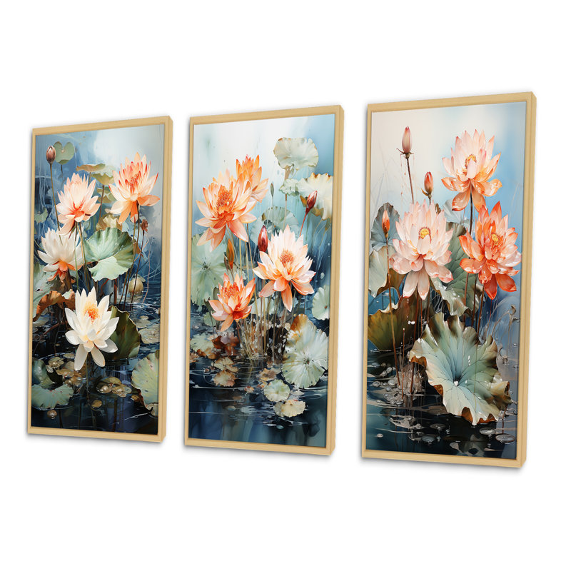 «Asian Art Lotus Pond», 3 pièces, Encadré naturel, H 32 po x l 48 po