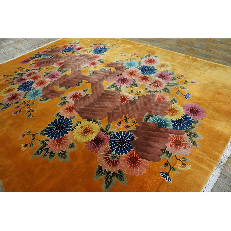Chinese Knotted Rectangle - Art Deco Yellow Wool 1930s Antique Room Size Rug