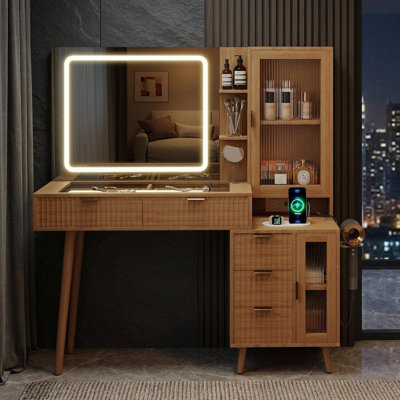 49'' Mid-century Modern Fluted Wood Vanity With Led Mirror And Storage In Natural Oak
