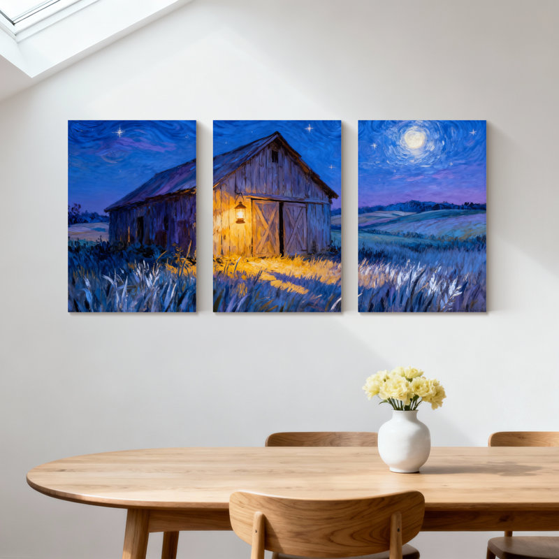 Abstrait nuit étoilée grange, ensemble de 3 reproductions d'art sur toile, H 18 po x l 36 po