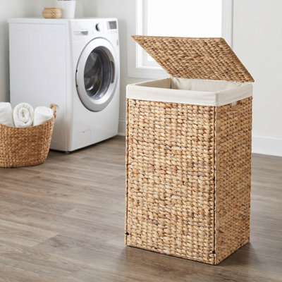 Nivora Water Hyacinth Slim Laundry Hamper with Removable Liner, Brown 15 x 11.8 x 24 in – Rectangular Wicker Laundry Basket for Dirty Clothes, Bedroom or Bathroom