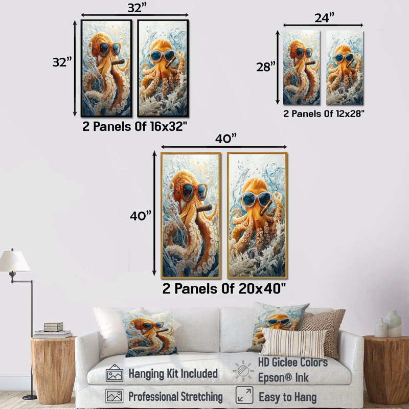 Orange Octopus With Glasses Smoking In The Ocean I - Octopus/Squid Animal Wall Art 2 Pieces Set, 32" H x 32" W, Black