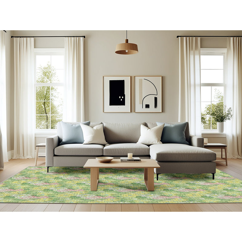 Tapis vert à motif floral Kajol, Rectangle 6 pi x 9 pi