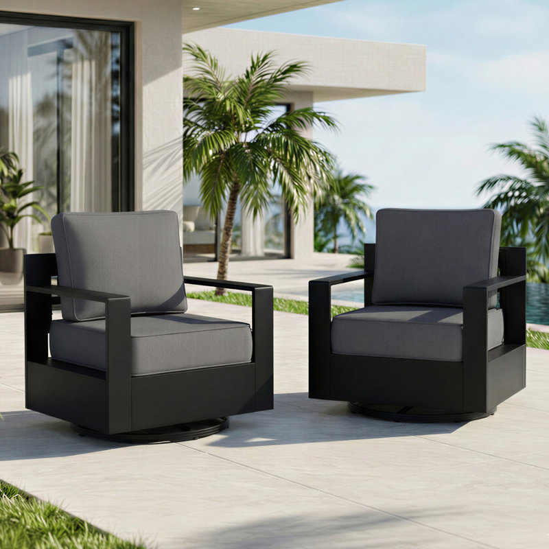 Oneita Modern Outdoor Aluminum 2-piece Swivel Armchair Set with Durable All-weather 6 Inch Thick Grey Cushions, Gray