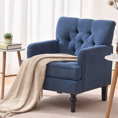 Corduroy Tufted Club Chair with Lumbar Pillow - Mid-Century Modern Studded Accent Armchair for Living Room or Bedroom, 30"L x 26.5"W
