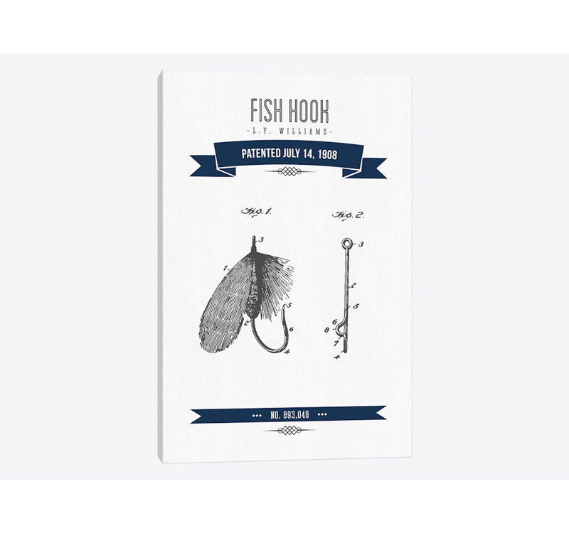 « l.y. williams fish fish, croquis », impression sur toile en bleu marine, H 40 po x l 26 po x P 1,5 po, Toile tendue