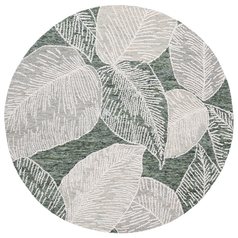 Jardin 375 Hand Tufted Wool; Cotton Floral Rug in Green/Ivory, Round 6'