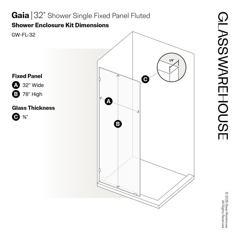 Gaia 32 in. x 78 in. Frameless Fluted Single Fixed Shower Panel, Brushed Nickel