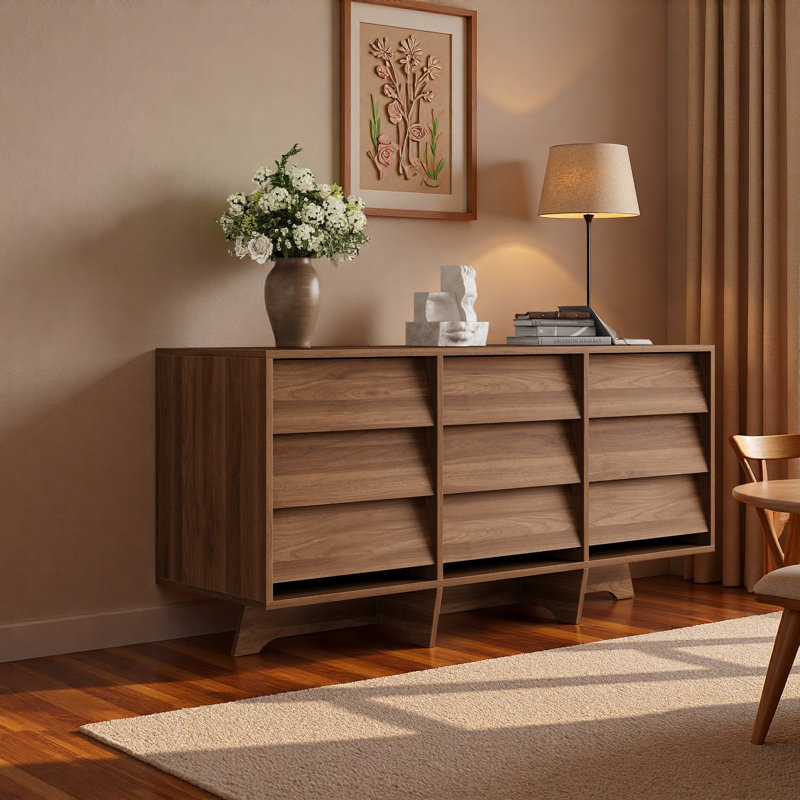 Buffet 60 po moderne sans poignée de 60 po, console de rangement à 9 tiroirs en bois pour la salle à manger et le salon
