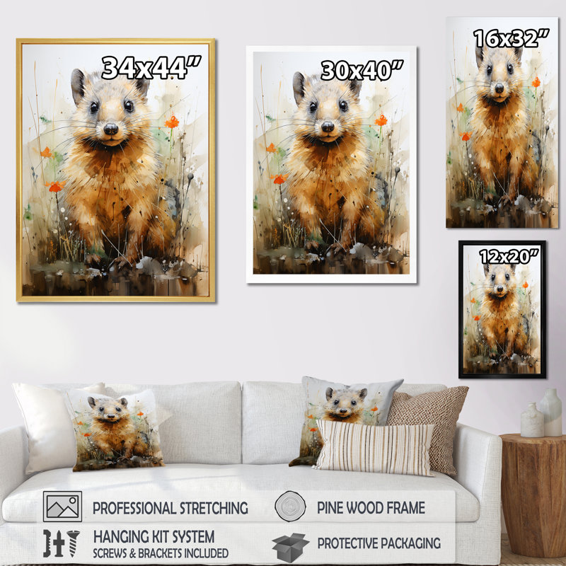 Rêves de castor surréaux sur toile, H 20 po x l 12 po x P 1 po, Encadrement doré