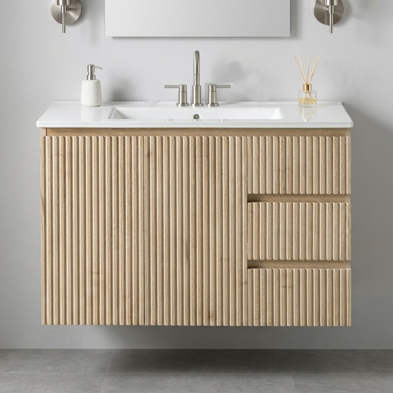 Meuble-lavabo suspendu simple de 91 cm (36 po) avec lavabo en céramique, 3 tiroirs et rangements, design cannelé, style scandinave, salle de bain principale