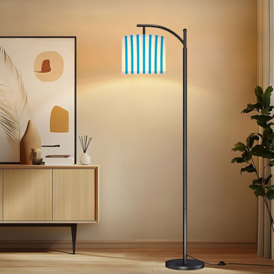 Arc Floor Lamp with Adjustable Lampshade Blue Vertical Stripes White Standing Lamp 3 Color Temperatures Dimmable Tall Pole Lamp with Foot Switch for Bedroom