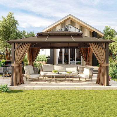 16 Ft. W x 12 Ft. D Metal Frame Patio Gazebo with Polyethylene Double Roof