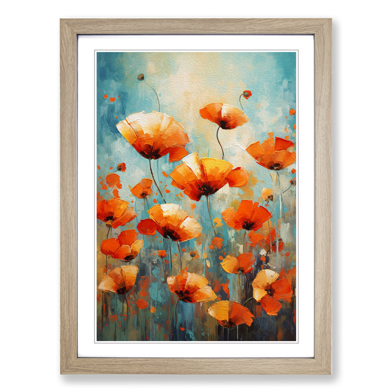 Poppy Field Abstract No.3 - Single Picture Frame Print on Wood, Oak Framed, 34cm H x 25cm W x 2cm D