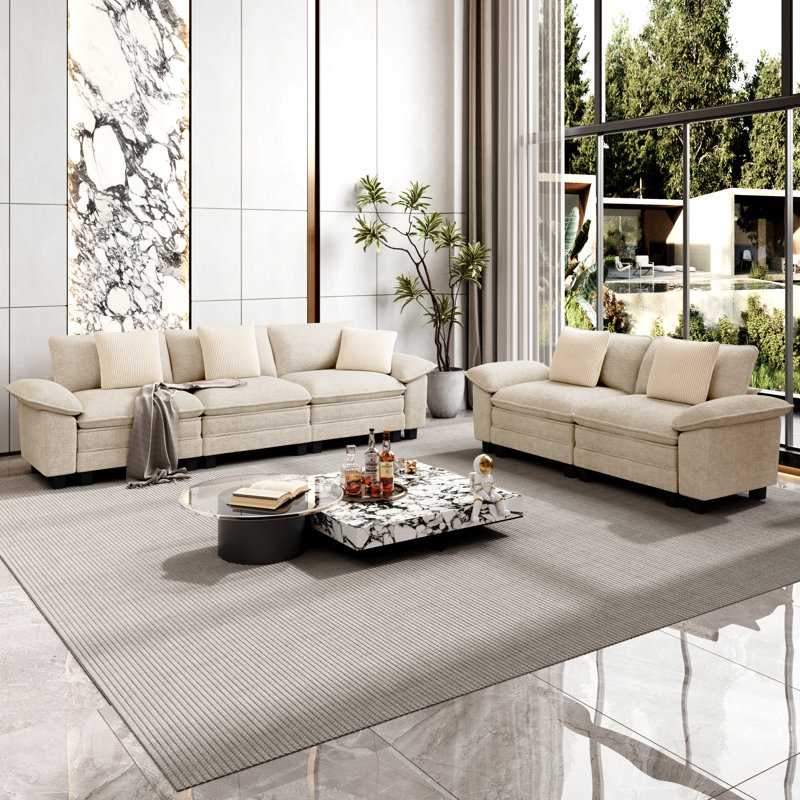 5 Piece Modular Living Room Set, Ivory Chenille