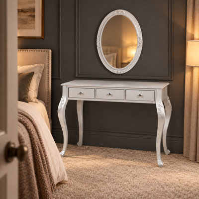 Elegant Oval Mirror Vanity Desk with Three Drawers for Jewelry and Makeup Storage, Stylish Dressing Table for Bedroom, Living Room, or Entryway Decor