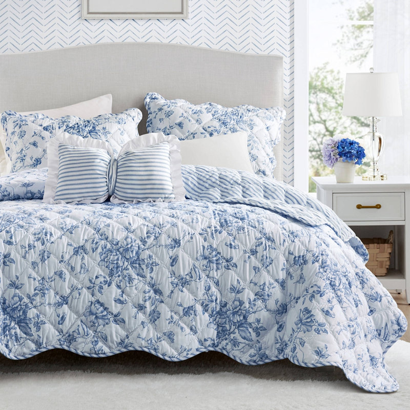 Ensemble de courtepointe 4 pièces avec coussin décoratif, Grand lit, Blue