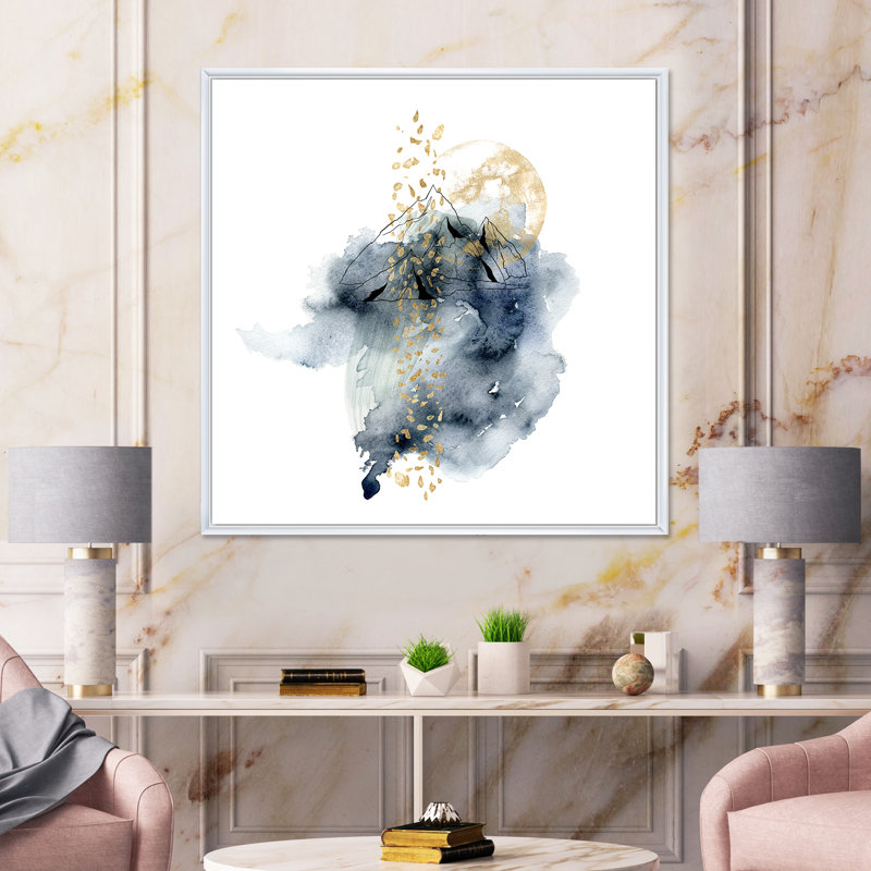 «Minimalistic Landscape of Mountains with Moon», peinture sur toile à cadre flottant, H 30 po x l 30 po x P 1 po