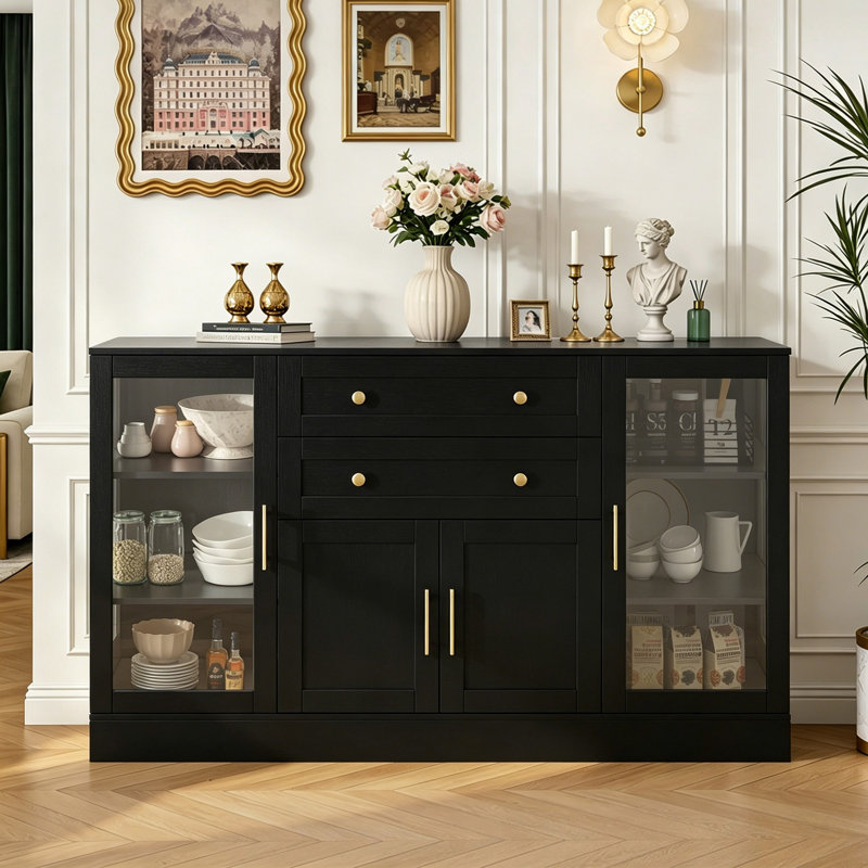 Buffet 58,3 po à 2 tiroirs et tablettes réglables 58,5 po, Noir