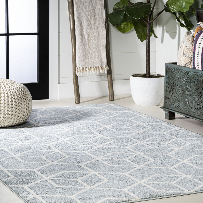 Mashawna Blocks Modern Geometric Light Blue/White Rug, Rectangle 4' x 6'