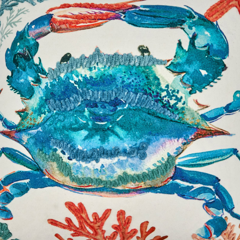 Coastal Embroidered Crab Design Square Throw Pillow