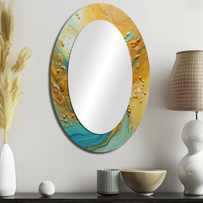 Golden Ocean Waves Turquoise Abstract VI - Modern Oval Wall Mirror