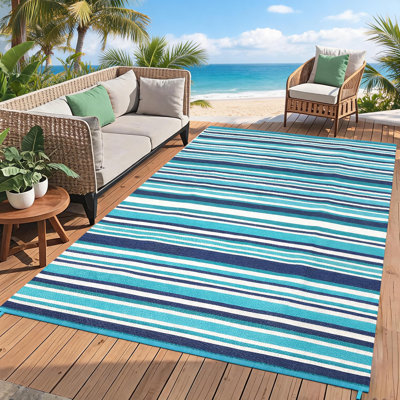 Tapis extérieur en polypropylène tissé 10 x 14 pi 320 g / m², tapis de patio moderne à rayures multicolores pour terrasse, balcon, porche et jardin, fabriqué à la machine, lavage à la main uniquement, bleu et blanc