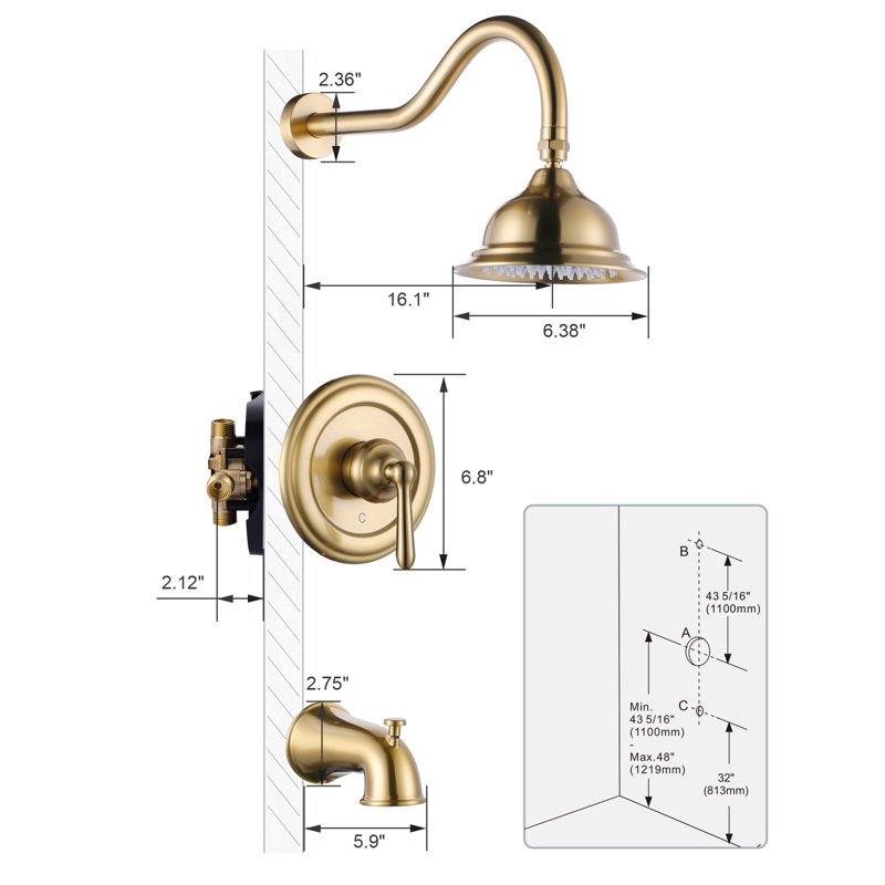 Robinet de douche à pression équilibrée 1,8 GPM avec bec de baignoire et valve brute en laiton, Doré