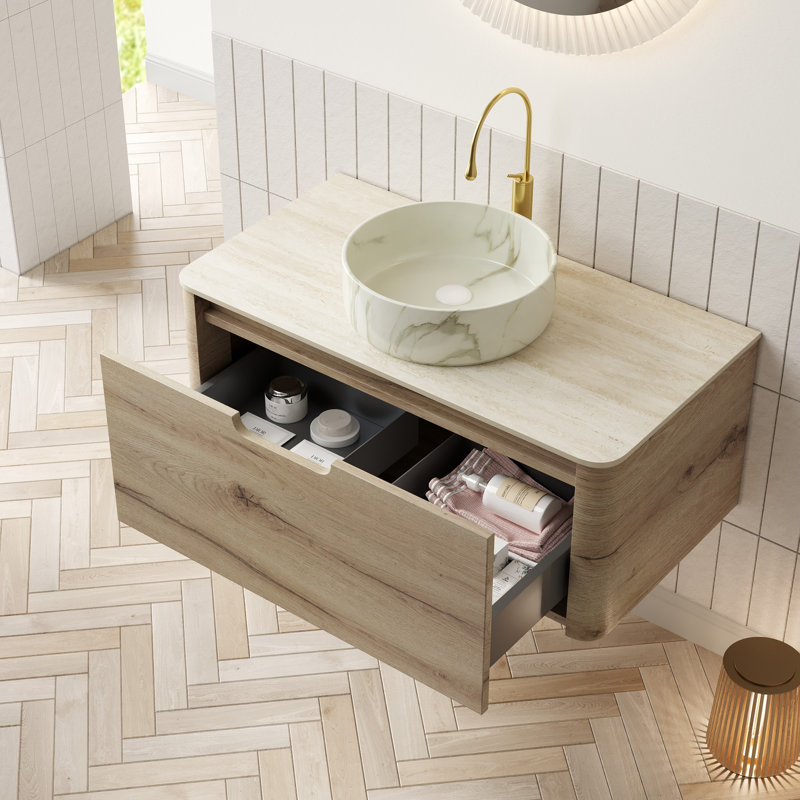 Meuble-lavabo de salle de bain avec lavabo, armoire de rangement flottante avec tiroir, pré-assemblé