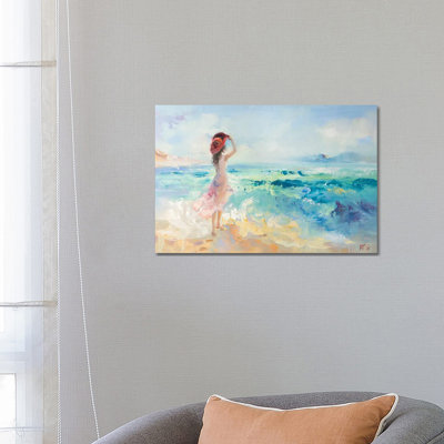 Girl In Red Hat On The Beach by Katharina Valeeva - Wrapped Canvas Painting