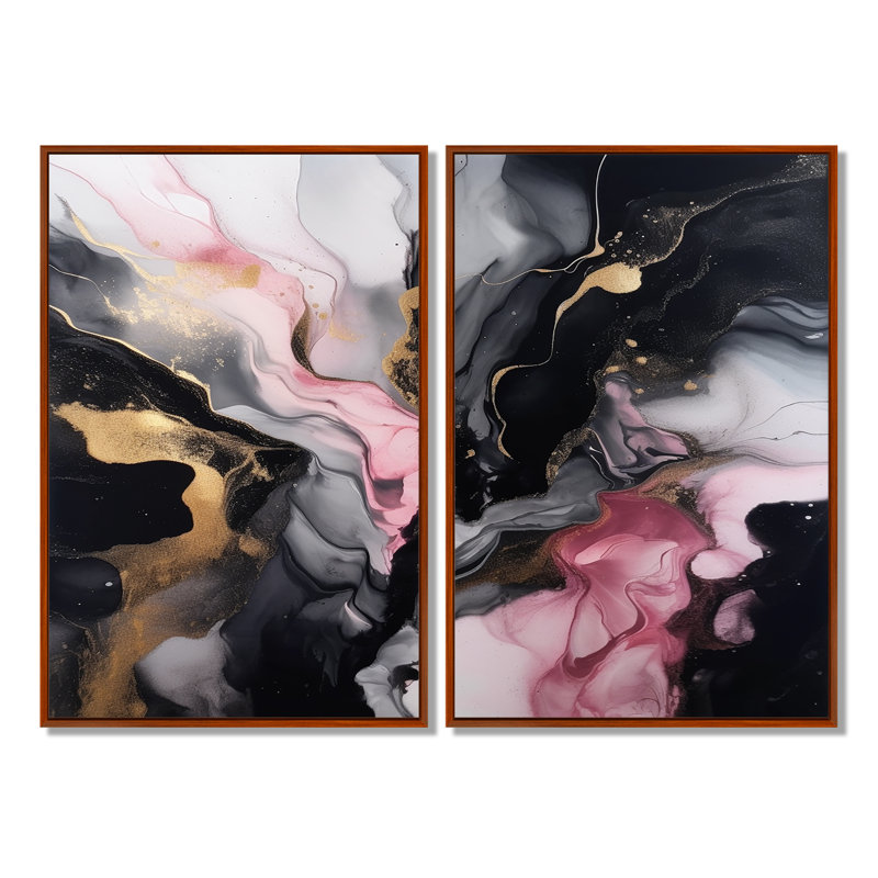 Black Gold Marble Splash II - Marbre abstrait, estampes encadrées, H 36 po x l 48 po, Reproduction avec cadre flottant, Brun