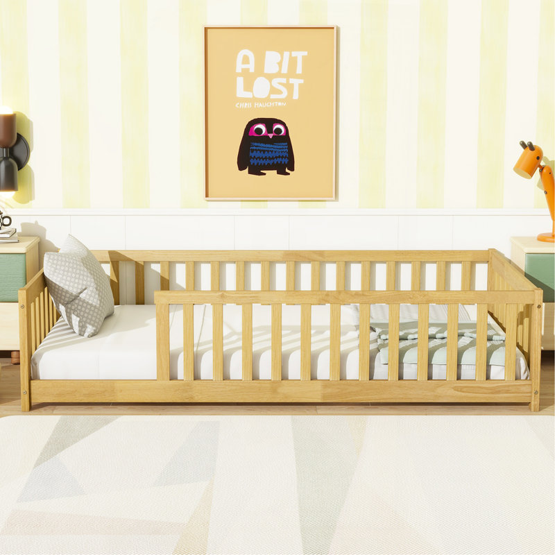 Twin Size Floor Bed With Fence Without Door, Rubber Wood Floor Bed With Safety Guardrails,Natural