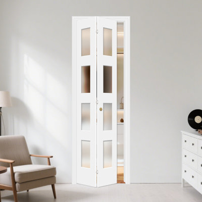 79" Height 4-lite Frosted Glass Solid Core Wooden Bi-fold Door With Installation Hardware Kit