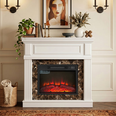  42" TV Stand Electric Fireplace with Mantel, Portable Freestanding Wood Stove with Remote Control, 23'' Electric Fireplace Insert Heater, 1400W Realistic 3D Flame Stacked Stone Surround