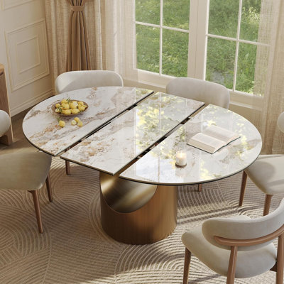 47"-63" Modern Extendable Oval Dining Table for 4-6, Pandora Sintered Stone & Glass Top, Bronze Metal Pedestal Base, Butterfly Leaf Design, Round-to-Oval Conversion, Easy-Clean Surface, Space-Saving Kitchen Table, Mid-Century Style