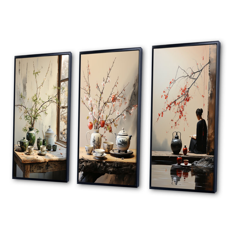 3 pièces sur toile - Cérémonie du thé Japon Art, Cadre noir, H 32 po x l 48 po