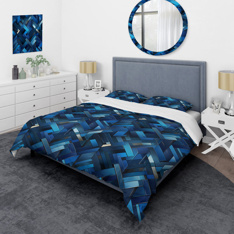 Ensemble de housse de couette Deep Cobalt Blue Symmetry Cubes, Housse de couette simple + 1 taie décorative stan
