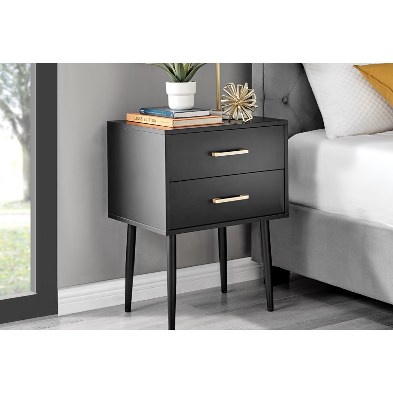 Blodwyn Wood Bedside Table 2 Drawers Metal Handles - Modern Design, Black/Gold
