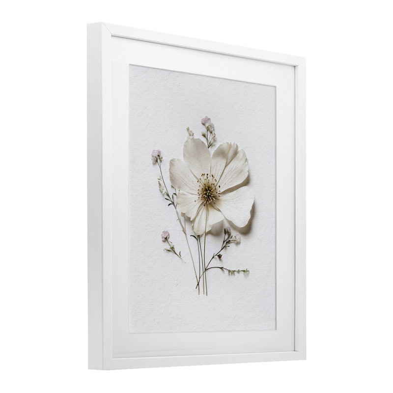 Simple fleur pressée encadrée sous verre, design par lettré et doublé, H 21 po x l 17 po, Cadre blanc côtier