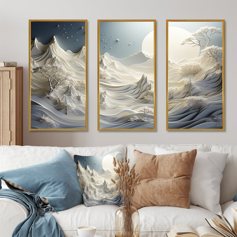 Abstrait Snowy Winter Mountains III - Art abstrait paysage mural, Cadre flottant doré, H 32 po x l 48 po x P 1 po