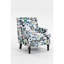 Fauteuil vintage élégant en lin à motifs papillons, garniture cloutée, rembourrage en mousse haute densité, structure en bois massif, pieds tournés, revêtement bleu et blanc, idéal pour se détendre dans son salon, largeur 27,31, hauteur 34,35