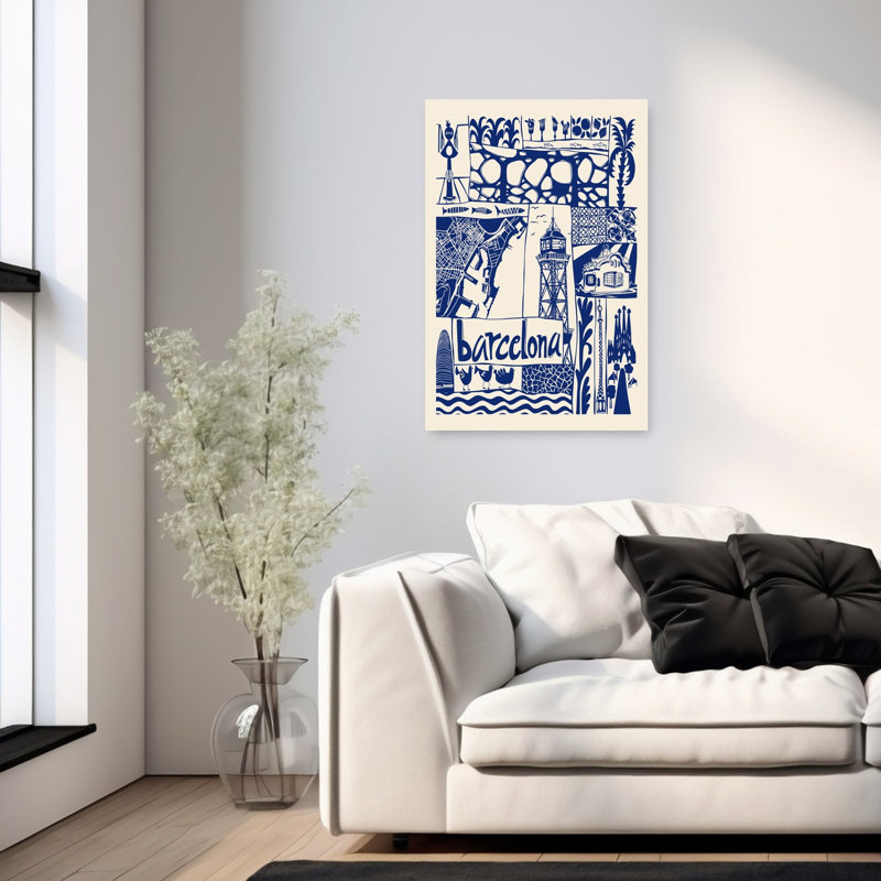 Barcelona City Journey Modern Abstract Bird Fish Palm Architecture City Wall Art Print 1 Piece Wrapped Canvas Wall Art