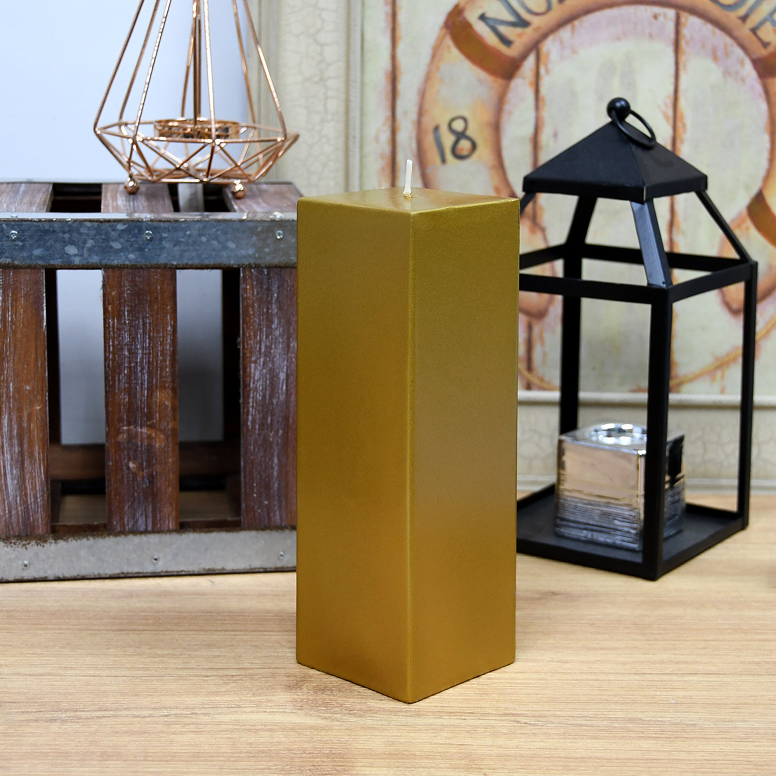 Square Pillar Candle, Metallic Gold, 9" H x 3" W x 3" D, 1 Candle
