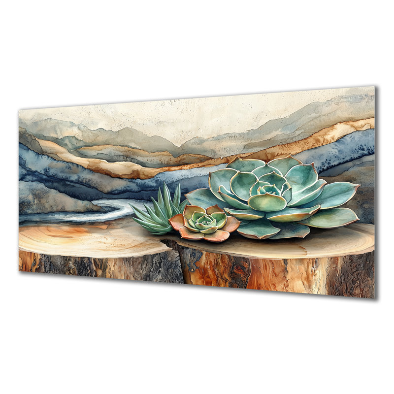 Succulent On A Top Of Wooden Slide River IV -Succulents Metal Wall Decor, H 28 po x l 60 po