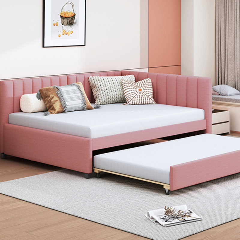 Lit de jour d'angle rembourré avec couchette, Rose, Lit double